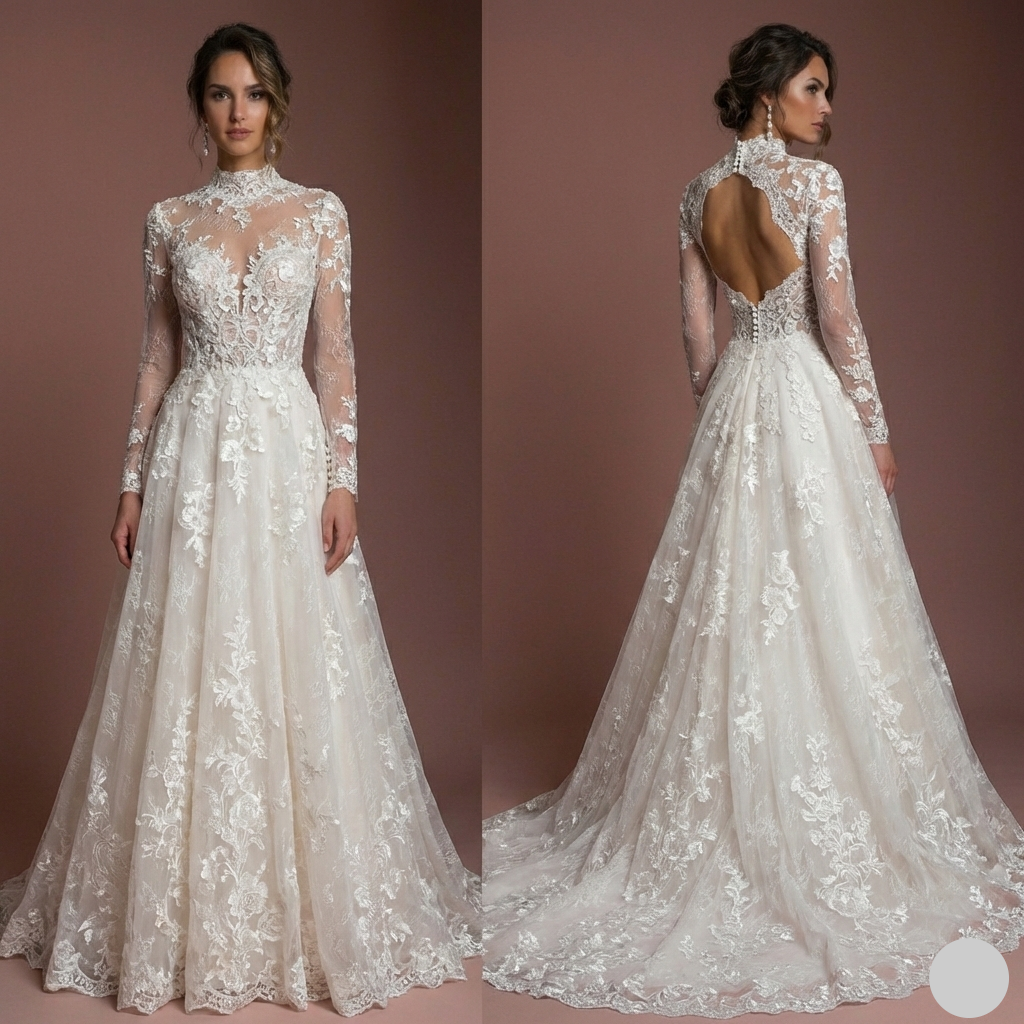Long Sleeve Lace Wedding Dress Elegant A-Line Bridal Gown