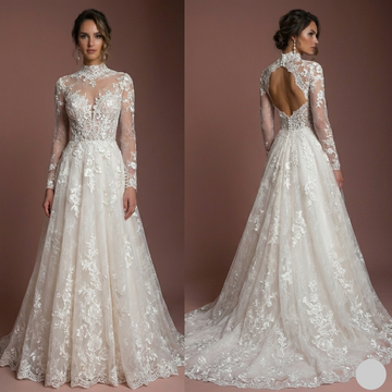 Long Sleeve Lace Wedding Dress Elegant A-Line Bridal Gown