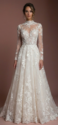 Long Sleeve Lace Wedding Dress Elegant A-Line Bridal Gown
