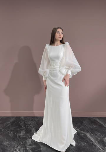 Modest Rustic Sleeve Wedding Dress Muslim Style Lace Trim Bridal