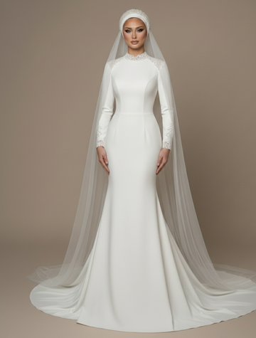 Modern Muslim Silk Wedding Dress Modest Long Sleeve Minimalist Gown