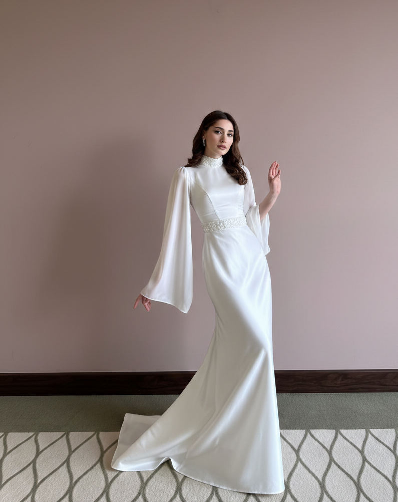 Traditional Muslim Mermaid Wedding Dress Modest High Neckline Gown