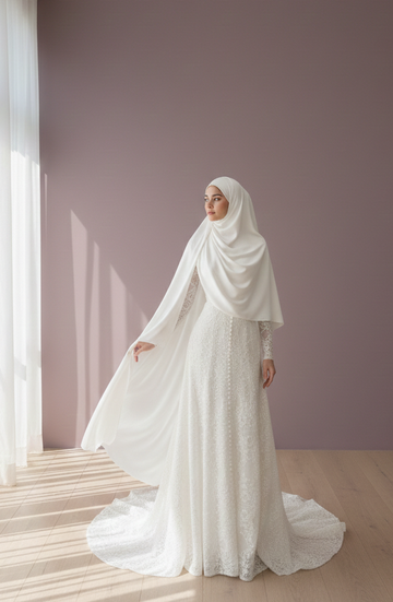 High Neck Lace Wedding Dress Modest Muslim Style Floral Bridal