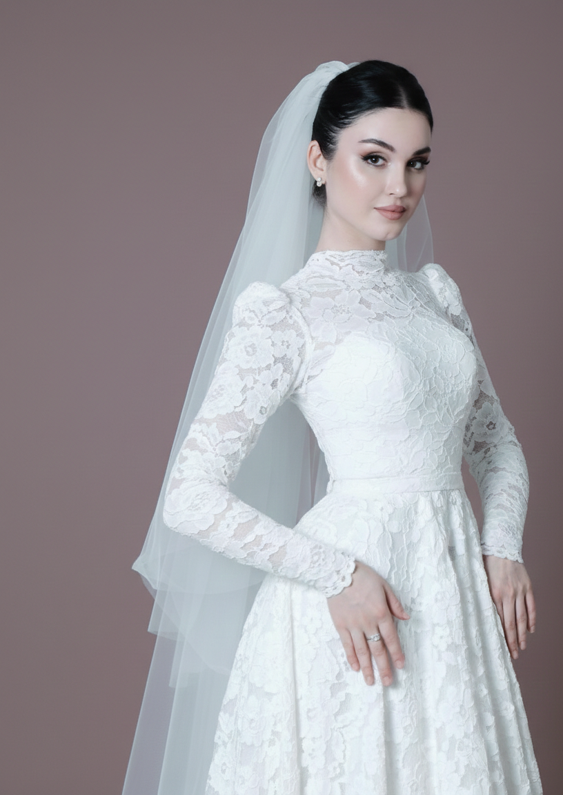 Long Sleeve Muslim Wedding Dress Embroidered Modest Scalloped Edge