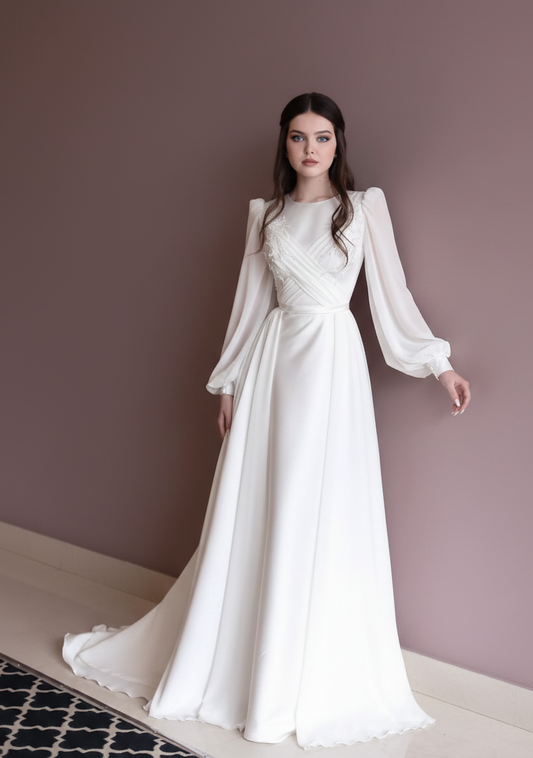 Modest Plain Puffy Wedding Dress Muslim Tulle Layered Classic Gown
