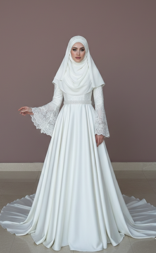 Cape Wedding Dress Muslim Matching Hijab Modest Lace Applique