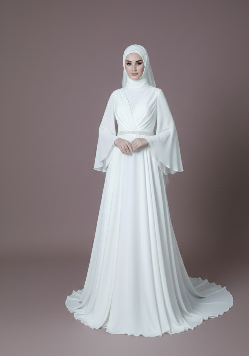 High Neck Muslim Wedding Dress Organza Modest Ruffles Classic