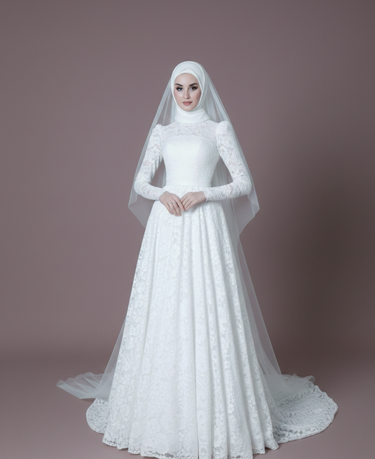 Long Sleeve Muslim Wedding Dress Embroidered Modest Scalloped Edge