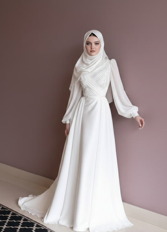 Modest Plain Puffy Wedding Dress Muslim Tulle Layered Classic Gown