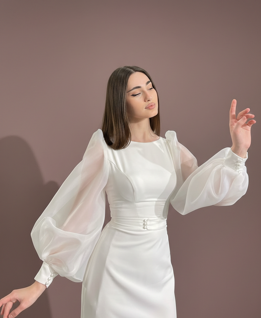 Modest Rustic Sleeve Wedding Dress Muslim Style Lace Trim Bridal