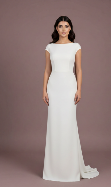 Simple Wedding Dress for Bride – Minimalist Crepe Cap Sleeve Column Gown WHITE