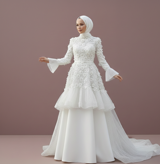 White wedding dress with floral details on a plain background