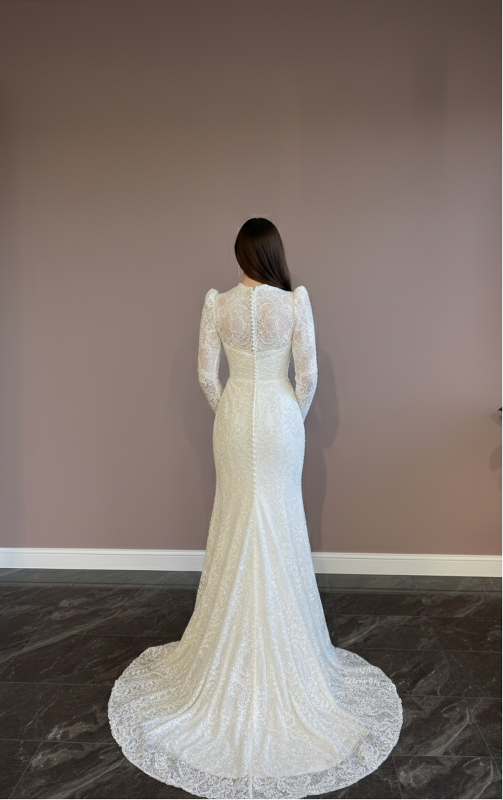 High Neck Lace Wedding Dress Modest Muslim Style Floral Bridal