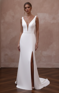 Simple Slit Wedding Dress Sleeveless Modern Bridal Wear