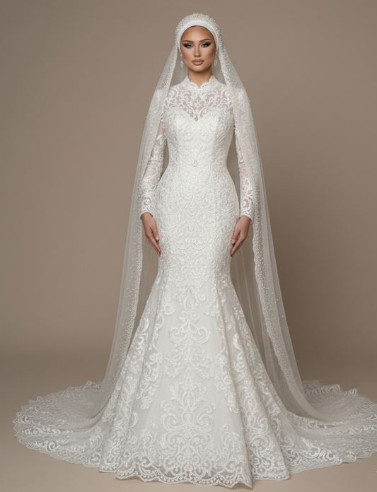 Muslim Lace Wedding Dress Closed Back Modest High Neck Bridal Wear