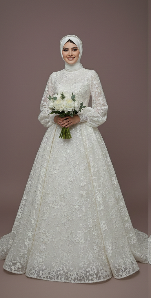 Modest Romantic Tulle Wedding Dress Muslim Style Princess Gown
