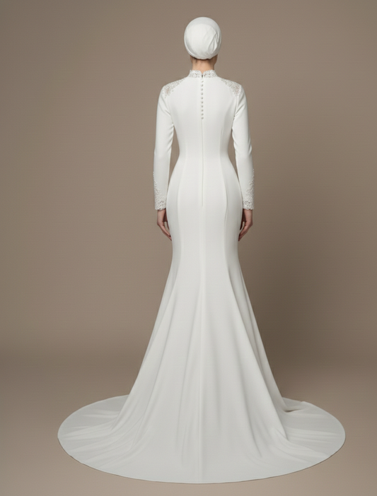 Modern Muslim Silk Wedding Dress Modest Long Sleeve Minimalist Gown