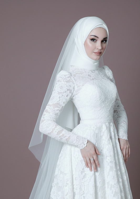 Long Sleeve Muslim Wedding Dress Embroidered Modest Scalloped Edge