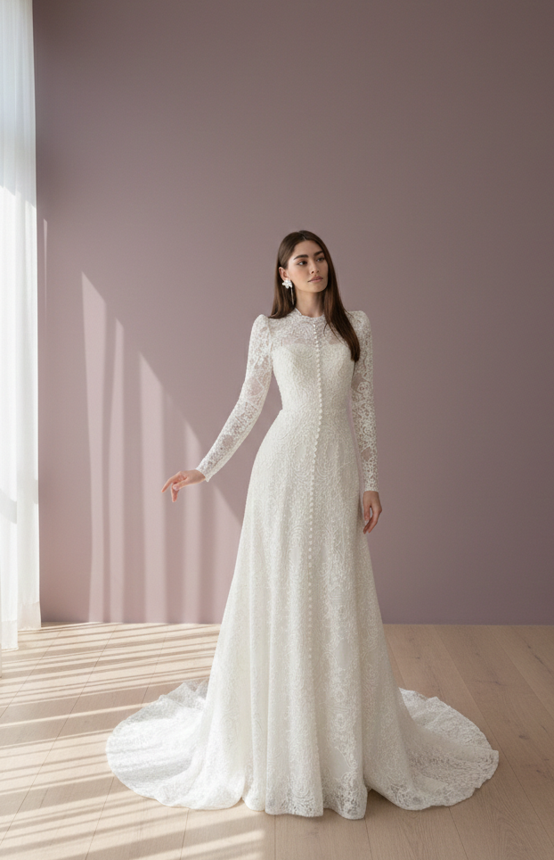 High Neck Lace Wedding Dress Modest Muslim Style Floral Bridal