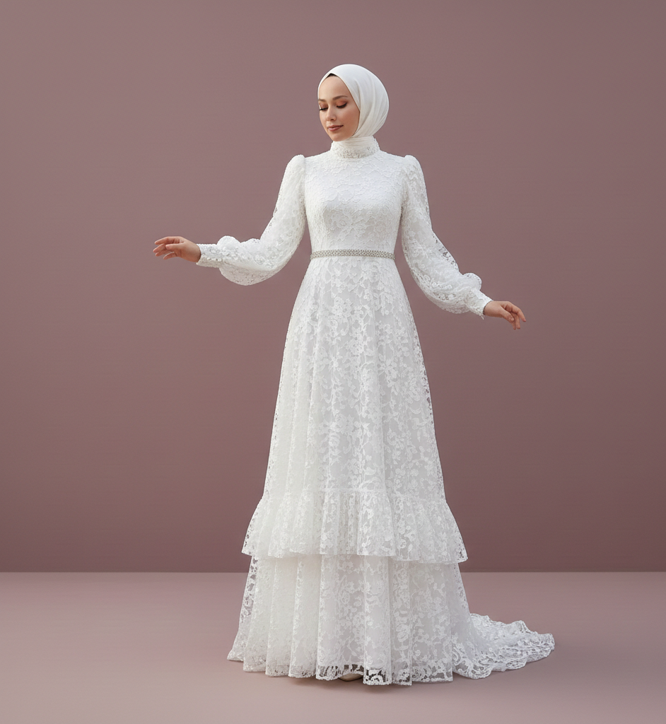 Retro Muslim Wedding Dress 1950s Style Modest High Neckline Lace