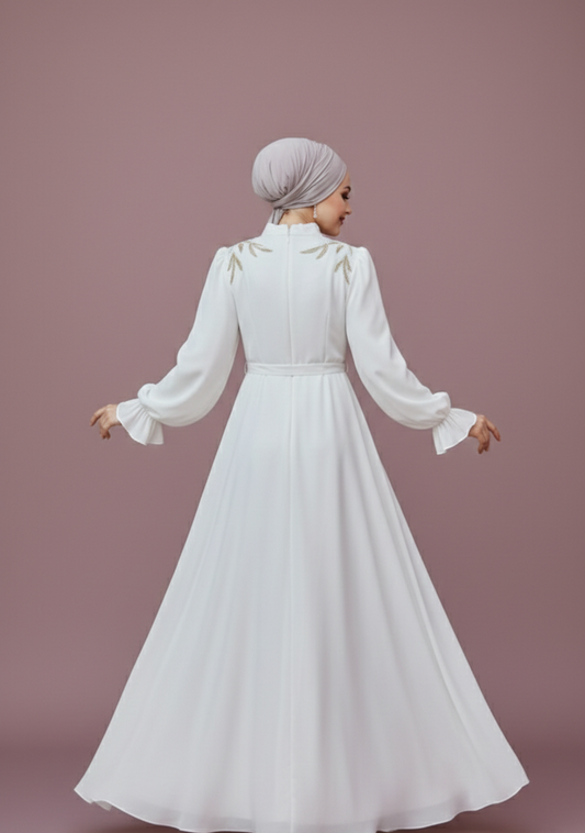 Vintage Muslim Sleeve Wedding Dress Chiffon Modest Floor Length Gown