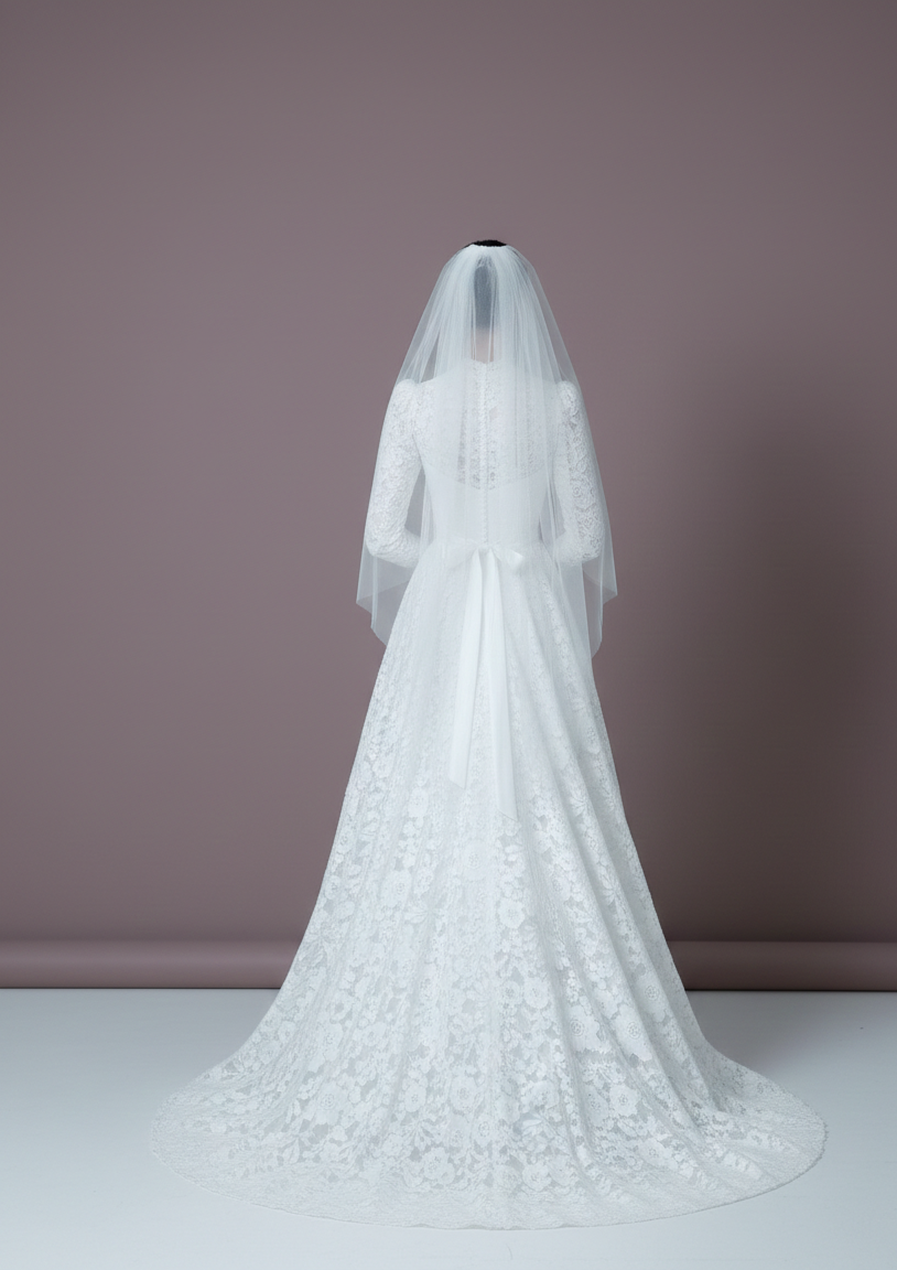 Long Sleeve Muslim Wedding Dress Embroidered Modest Scalloped Edge