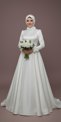 Modest Satin Ball Gown Wedding Dress Muslim Royal High Neckline
