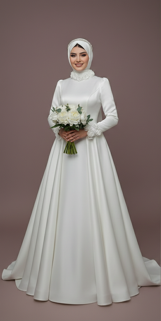 Modest Satin Ball Gown Wedding Dress Muslim Royal High Neckline
