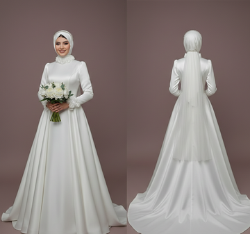 Modest Satin Ball Gown Wedding Dress Muslim Royal High Neckline