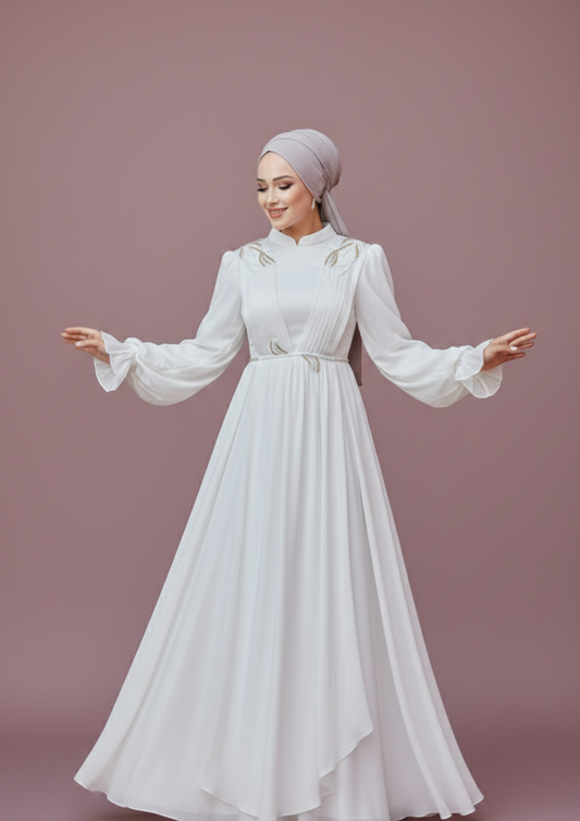 Vintage Muslim Sleeve Wedding Dress Chiffon Modest Floor Length Gown