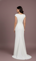 Simple Wedding Dress for Bride – Minimalist Crepe Cap Sleeve Column Gown