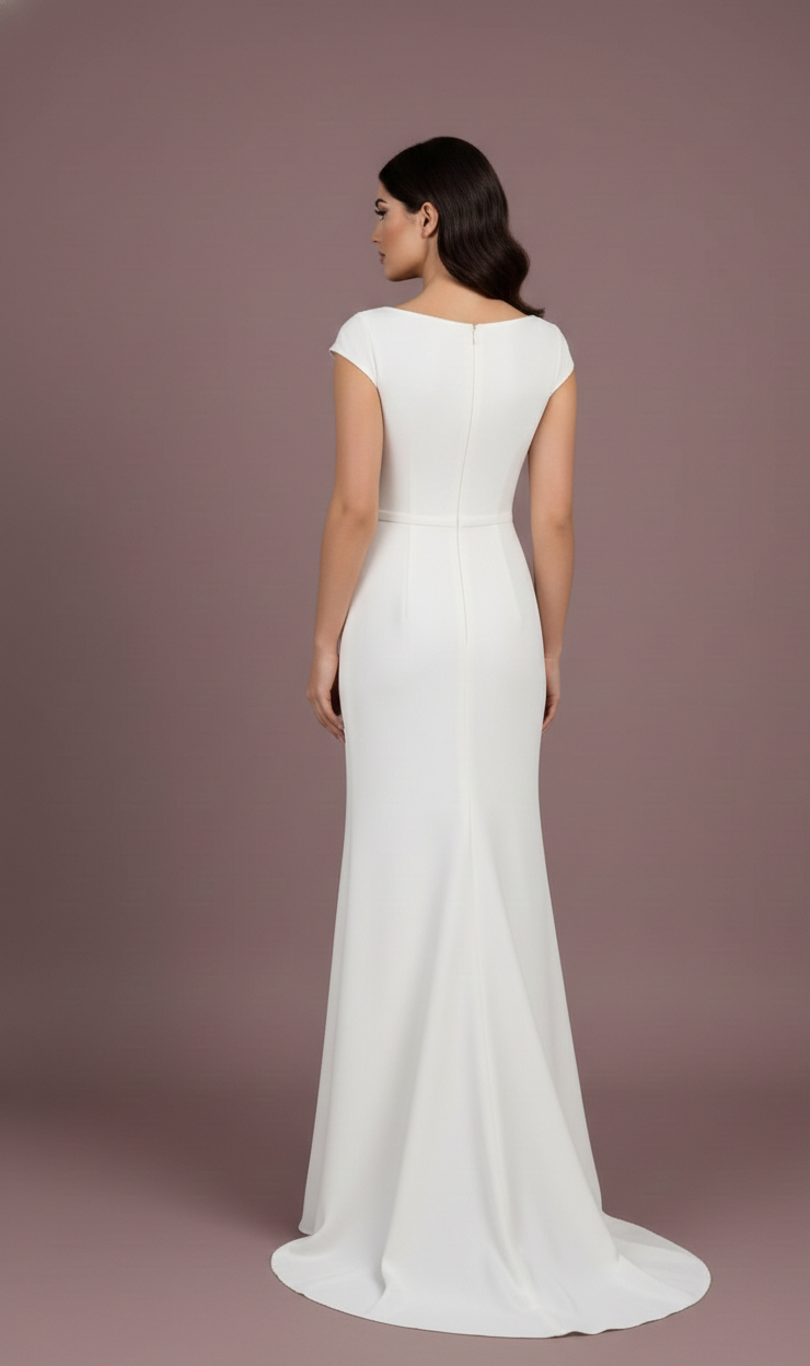 Simple Wedding Dress for Bride – Minimalist Crepe Cap Sleeve Column Gown