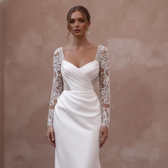 Geometric Lace Wedding Dress Modern Long Boho Style Gown