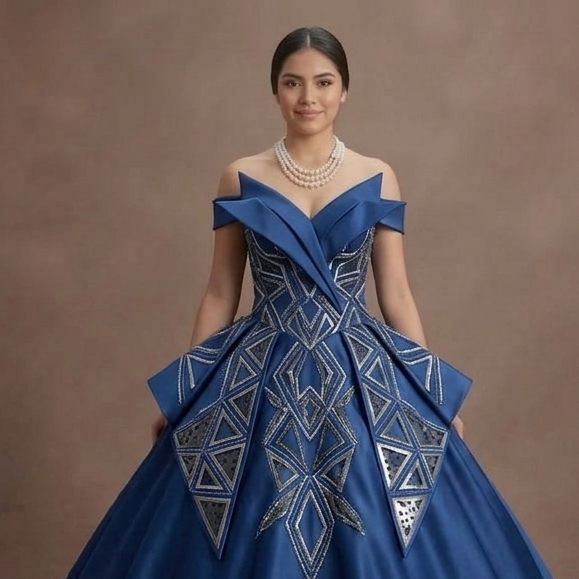 Geometric Pattern Blue Quinceañera Dress Modern Satin