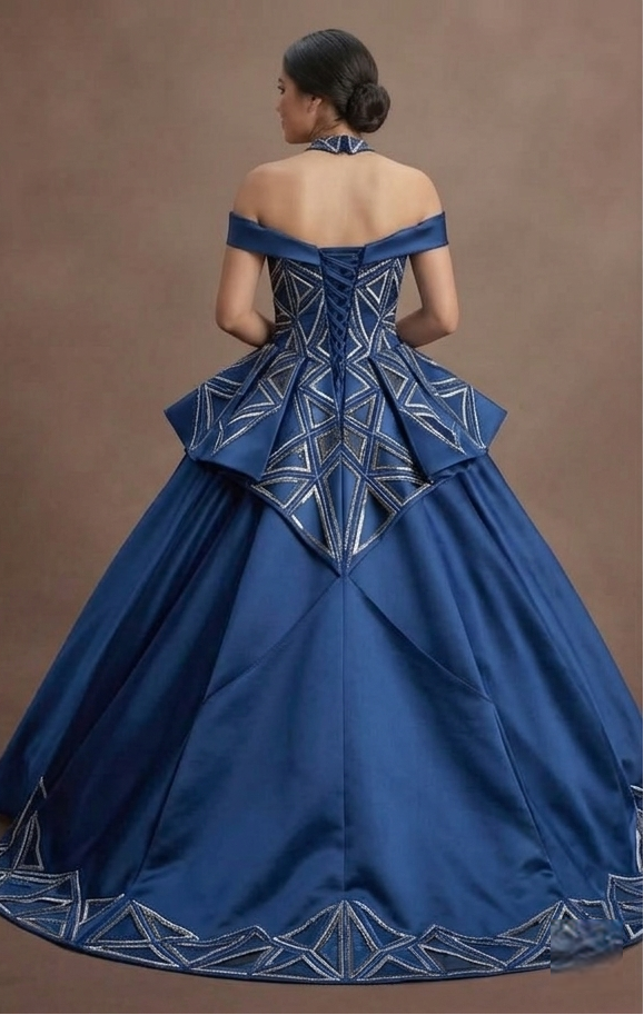 Geometric Pattern Blue Quinceañera Dress Modern Satin