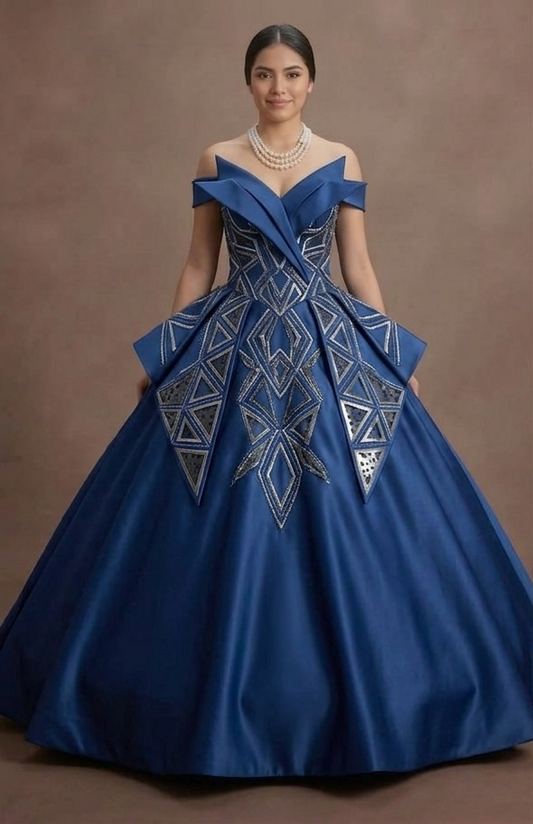 Geometric Pattern Blue Quinceañera Dress Modern Satin
