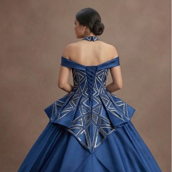 Geometric Pattern Blue Quinceañera Dress Modern Satin
