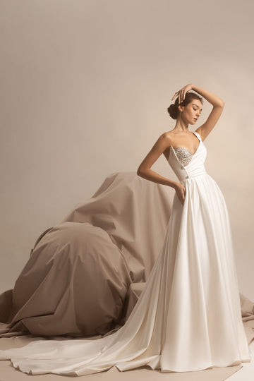 Eleganti satinie a una spalla a una linea A abito da sposa senza maniche cristalli di perline di perline Abiti da sposa abiti da sposa Vestidos de nolia