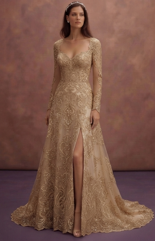 Gold Lace Wedding Dresses with Regal Elegance