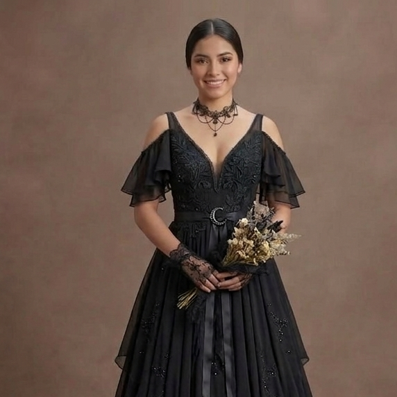 Gothic Prom Dress Black Chiffon Boho Dark Prom