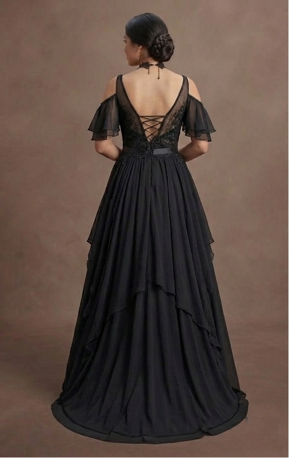 Gothic Prom Dress Black Chiffon Boho Dark Prom
