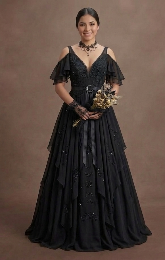 Gothic Prom Dress Black Chiffon Boho Dark Prom