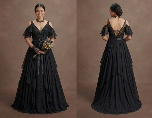 Gothic Prom Dress Black Chiffon Boho Dark Prom