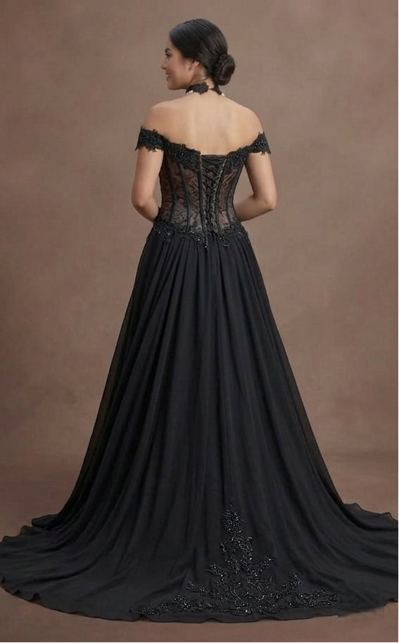 Gothic Prom Dress Black Chiffon Flowing Evening Prom