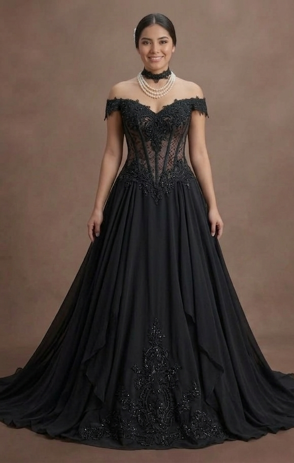 Gothic Prom Dress Black Chiffon Flowing Evening Prom