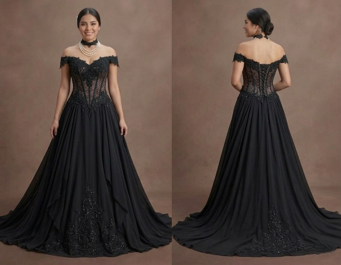 Gothic Prom Dress Black Chiffon Flowing Evening Prom