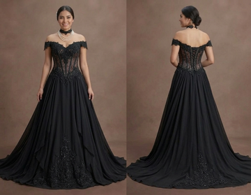 Gothic Prom Dress Black Chiffon Flowing Evening Prom