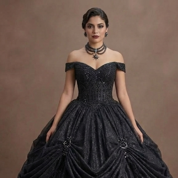 Gothic Prom Dress Black Glitter Tulle Dramatic Night