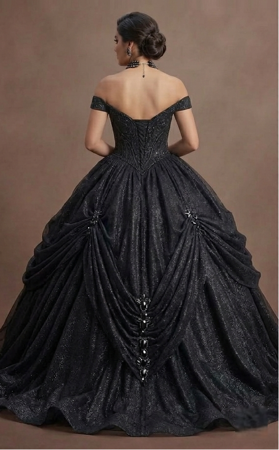 Gothic Prom Dress Black Glitter Tulle Dramatic Night