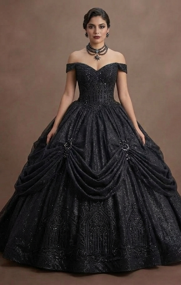Gothic Prom Dress Black Glitter Tulle Dramatic Night